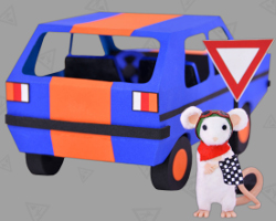 GWS2.de Maskottchen Gustl fährt Babawagen Golf Mk1 aus Papier Bild von GWS2.de Maskottchen, wie er in seinen selbst gebastelten Babawagen einsteigt. Idee von Veronika Vetter Fine Art Künstlerin