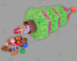 Adventsschokolade fällt aus Papierweihnachtsbaum Bild von Nikolaus aus Schokolade, der aus einem grünen Papierweihnachtsbaum fällt