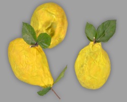 Saftige, gelb-grüne Birnen aus Papier Bild von drei saftigen, gelb-grünen Birnen aus Papier