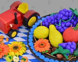 Selbst gebastelter Erntedankkorb für den Kirchenaltar. Farbenfrohe Dekoration für den tristen Herbst Bild von Schawuot in Nürnberg: Geschmückte Synagoge mit Früchten und aschkenasischen Matzenknödeln. Sukkot Dekoration von Veronika Vetter Fine Art Künstlerin