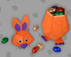 Kopf der Geschenkverpackung ist abnehmbar Bild vom abnehmbaren Osterhasenkopf aus Papier