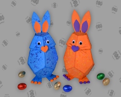 Zwei Osterhasen, die gleichzeitig ein Osterkorb sind Bild von zwei Osterhasen als Wohnzimmerdekoration