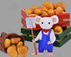 Kartoffelbauer Gustl bei der Ernte. Große Erdäpfel verkauft er auf seinem Hof. Kleine Pflanzkartoffeln versteckt er in den Kartoffelnetzen für ALDI und Lidl Bild von GWS2.de Maskottchen Gustl von Mausbach vor frisch geernteten Lagerkartoffeln. Die deutschen Kartoffeln sollen Sarah Rambatz dazu animieren eine Beratungsstelle aufzusuchen, damit sie ihre familiäre Vergangenheit bewältigen kann