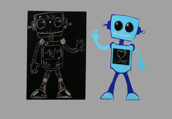 Roboter auf Schabekarton Bild von Roboter auf Schabekarton und Transparentpapier