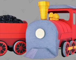 Dampfeisenbahnen in den USA fuhren mit Kohle und hatten einen Cowcatcher Bild von Papiereisenbahn, die mit Kohle betrieben wird und über einen Cowcatcher verfügt. Angefertigt von Veronika Vetter Fine Art Künstlerin