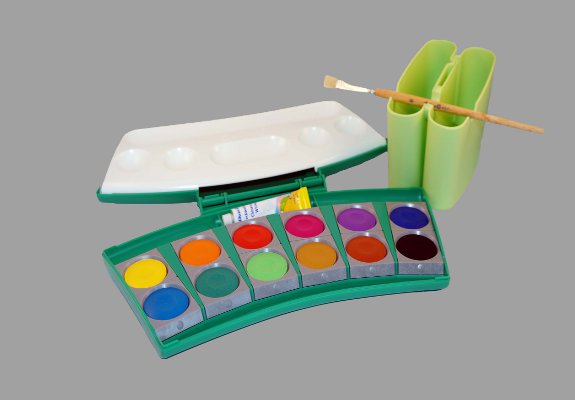 Bild eines Aquarell Malkastens mit 12 Farben