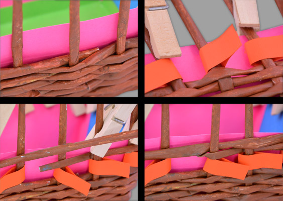 Platzhalter für Zierband im Flechtwerk aus Zeitungspapier einbauen Collage mit Anleitungsschritten: Im Flechtwerk wird ein Platzhalter für ein Zierband eingebaut. Idee von Veronika Vetter Fine Art Künstlerin