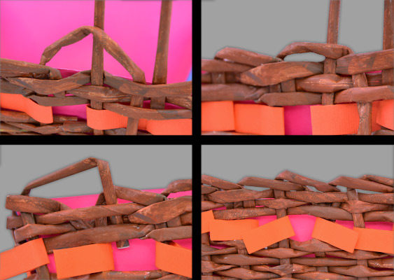 Korbrand flechten - umgedrehtes U Muster (Zeitungspapier Osternest) Collage mit Anleitungsschritten um einen Korbrand zu flechten. Umgedrehtes U Muster von Veronika Vetter Fine Art Künstlerin