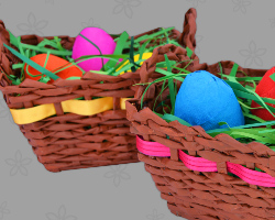 Tinkered Easter baskets with colored Easter eggs - Paper art from Bavaria Bild von zwei Osternestern (Zeitungspapier flechten) mit farbigen Ostereiern. Angefertigt von Veronika Vetter Fine Art Künstlerin