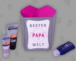 Bester Papa der Welt - Vatertagsgeschenk Bild von Rückseite des Papiersakkos mit der Aufschrift "Bester Papa der Welt"
