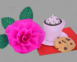 Rosen Frühstück zum Valentinstag Bild von Rosenfrühstück bestehend aus einer langstieligen Rose, einer Tasse heiße Schokolade und einem Keks. Alles erstellt von Veronika Vetter Fine Art Künstlerin