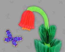 Glockenblume aus Wabenpapier Bild von roter Glockenblume aus Wabenpapier mit Schmetterling