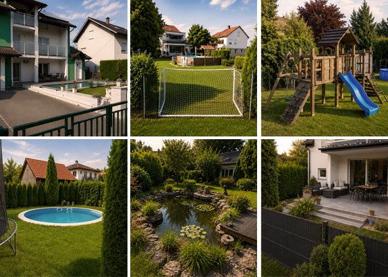 Bildcollage von privaten Gärten in Linz-Posch auf dem Weg zum Pichlinger See. Swimmingpools, Trampoline und Holzburgen stehen vor gewöhnlichen Einfamilienhäusern Sechs Fotos zeigen Gärten. Veronika Helga Vetter ist mit dem Fahrrad zum Pichlinger See (Oberösterreich) gefahren und hat die Privatgärten von Einfamilienhäusern fotografiert. Die Bilder beweisen, die Menschen in Mitteleuropa ziehen sich immer mehr ins Private zurück. Selbst vor alten Häusern sind Swimmingpools und Kinderspielanlagen zu finden. Aufnahmen vom Mai 2026