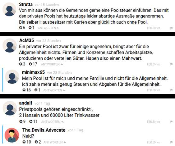 Diskussion über private Swimmingpools. Müssen Pools in Zeiten von Trinkwasserknappheit besteuert oder sogar verboten werden? Eigenheimbesitzer führen eine kontroverse Diskussion zu diesem Thema. Screenshot von GWS2.de - Juni 2026 Collage von Veronika Helga Vetter: Ein Zusammenschnitt einer Diskussion über private Swimmingpools in Gärten von Einfamilienhäusern. GWS2.de