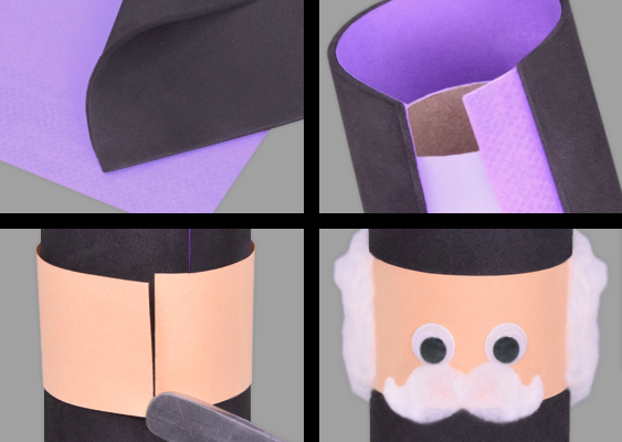 Vierteilige Collage: Ausgeschnittenes Tonpapier und Moosgummi, anschließend um eine Papprolle geklebt wie ein geöffnetes Kabel; darüber eine hautfarbene Gesichtsschicht und schließlich die ersten Gesichtszüge des Nussknackers mit Wackelaugen und Watteschnauzer. Fotos und Idee: Veronika Helga Vetter Die Collage zeigt in vier Schritten, wie aus einfachen Bastelmaterialien der Grundkörper eines kleinen Nussknackers entsteht. Auf dem ersten Foto, links oben, liegt eine sauber ausgeschnittene Scheibe lilafarbenen Tonpapiers auf weißem Hintergrund. Darauf ruhend ein ebenso exakt zugeschnittenes Stück schwarzen Moosgummis – beides bereits nach der PDF-Schablone vorbereitet und wirkend wie zwei präzise Schichten eines technischen Bauteils. Rechts oben ist zu sehen, wie diese beiden Elemente nun um die innere Kartonrolle einer Toilettenpapierrolle geklebt wurden. Das Ergebnis erinnert verblüffend an ein geöffnetes, geschirmtes Kabel: Im Kern die Papprolle, darum die erste Schicht aus lilafarbenem Tonpapier, darüber die feste Lage Moosgummi. Eine kleine, humorvolle Hommage daran, dass selbst ein Nussknacker mit einer ordentlichen Portion „technischem Unterbau“ beginnt. Das dritte Bild, links unten, zeigt die nächste Entwicklungsstufe: Eine dritte Schicht – diesmal hautfarbenes Tonpapier – wurde etwas oberhalb der Mitte um das Rohr geklebt. Diese Lage markiert bereits das spätere Gesicht des Nussknackers und verleiht dem sonst nüchternen Aufbau erstmals eine menschliche Anmutung. Auf dem vierten Foto, rechts unten, erwacht die Figur endgültig zum Leben. Zwei Wackelaugen blicken keck aus dem frisch angebrachten Gesichtsband, direkt darunter sitzt ein flauschiger weißer Schnurrbart aus Wolle. Auch die Ohren und der Hinterkopf sind durch weich aufgeklebte Watte angedeutet. Man erkennt sofort: Aus einem dreilagigen Bastelrohr formt sich langsam, aber unaufhaltsam, der Charakterkopf eines kleinen weihnachtlichen Offiziers. Fotos und Idee dieses weihnachtlichen Lifehacks: Veronika Helga Vetter Dezember 2025