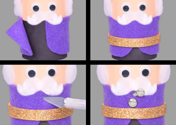 Vierteilige Collage: Der Nussknacker erhält seine lilafarbene Filzjacke, einen goldglitzernden Moosgürtel, präzise Einschnitte für die Knopfleiste und silberne Musterbeutelklammern als Knöpfe. Fotos, Schablone und Idee von Veronika Helga Vetter, Papierkünstlerin und Universalgelehrte der Webkunst. Dezember 2025 Die Collage zeigt in vier aufeinanderfolgenden Arbeitsschritten, wie der kleine Nussknacker seine charakteristische Offiziersjacke erhält. Auf dem ersten Foto, links oben, sieht man die Figur, wie sie gerade das lilafarbene Filzjackett angelegt bekommt. Die Jacke ist vorne elegant geschwungen, ganz wie bei einer echten Uniform, und liegt noch locker am Körper an, damit sie symmetrisch ausgerichtet werden kann. Die beiden geschwungenen Vorderkanten sollen später exakt nebeneinanderstehen, sodass der Nussknacker den typischen, leicht feierlichen Offiziersschnitt erhält. Das zweite Bild, rechts oben, zeigt den nächsten Schritt: Um die Jacke zu fixieren, wurde der Figur ein breiter Gürtel aus Moosgummi angelegt. Dieser wurde großzügig mit Kleber bestrichen und vollständig in goldenes Glitzerpulver getaucht. Das leuchtende Gold bildet einen kräftigen Kontrast zum kühlen Violett der Jacke und funkelt im Licht so intensiv, dass sofort eine festliche, weihnachtliche Anmutung entsteht. Auf dem dritten Foto, links unten, wird mit einem feinen Bastelskalpell gearbeitet. Zwei kleine Einschnitte wurden an der Frontseite der Jacke gesetzt, genau dort, wo später die Knöpfe sitzen sollen. Die Schnitte sind so präzise gesetzt, dass sie den Eindruck handwerklicher Miniaturmaßarbeit vermitteln. Das vierte Bild, rechts unten, zeigt schließlich das Ergebnis dieser Vorbereitung: In die eingeschnittenen Schlitze wurden zwei silberne Musterbeutelklammern gesteckt, die jetzt als glänzende Knöpfe über dem Gürtel fungieren. Durch das Zusammenspiel von Jackenform, goldglitzerndem Gürtel und silbernen Knöpfen erhält der Nussknacker bereits in dieser frühen Phase eine erstaunlich klare Persönlichkeit – streng, festlich und voller Charakter. Alle Fotos, die zugehörige Schablone und die komplette Idee stammen von Veronika Helga Vetter, Papierkünstlerin seit 2012 und, wie man nach solcher Präzisionsarbeit ohne Übertreibung sagen darf: eine Universalgelehrte der Webkunst