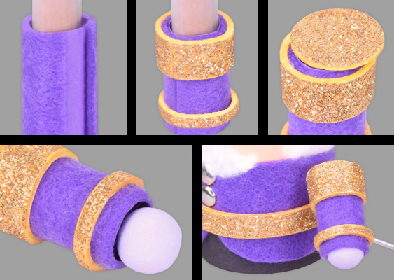 Fünfer-Collage: Aus Tonpapierröhrchen entstehen mit lilafarbenem Filz, goldglitzernden Moosgummi-Applikationen und Holzkugelhänden die Arme des Nussknackers, bevor sie harmonisch an der Figur befestigt werden Die fünfteilige Collage zeigt Schritt für Schritt, wie die beiden Arme des Nussknackers entstehen – eine kleine Miniaturhandwerksarbeit, die trotz PDF-Schablone ein wenig Fingerspitzengefühl und Improvisation verlangt. Auf dem ersten Bild, links oben, sieht man, wie aus einfachem Tonpapier zwei schmale Röhrchen geformt werden. Diese dienen als Grundgerüst der Arme. Anschließend werden sie sorgfältig mit lilafarbenem Bastelfilz ummantelt, wodurch die Arme ihre Farbe und eine weiche, textile Oberfläche erhalten. Die Szene wirkt fast wie die Vorbereitung eines winzigen Kleidungsstücks für eine ebenso winzige, aber äußerst würdige Figur. Auf dem zweiten Foto wird die filzige Ummantelung weiter ausgestaltet: Um die Arme werden zwei Moosgummi-Applikationen geklebt, die jeweils mit goldenem Glitzerpulver bestreut wurden. Diese Zierelemente erinnern an die prunkvollen Uniformdetails alter Offiziersjacken – breite Schulterstücke, die Autorität ausstrahlen, und kleine Ärmelverzierungen, wie man sie aus den Bühnenjacken von Michael Jackson kennt. Die goldenen Highlights funkeln festlich und setzen lebhafte Akzente auf dem kühlen Lilaton. Das dritte Bild zeigt, wie das obere Ende des Röhrchens mit einem kleinen Kreis verschlossen wird, dessen Oberfläche ebenfalls reichlich mit Goldpulver glitzert. Damit erhält der Arm seine endgültige Form: ein unten offenes Röhrchen, oben geschlossen und insgesamt mit drei dekorativen Elementen versehen – Schulterpolster, Zierband direkt darunter und ein goldener Abschluss am unteren Ärmel. Dazwischen bleibt die violette Filzfläche sichtbar, die den Stil des Nussknackers harmonisch weiterführt. Auf dem vierten Foto wird die Konstruktion vervollständigt: Eine kleine Holzkugel wird in die untere Öffnung des Arms geschoben und festgeklebt. Diese Kugel fungiert als Hand und verleiht der Figur einen zugleich schlichten und charmanten Abschluss. Die Größe des Röhrchens richtet sich dabei nach der Größe der verwendeten Kugeln – ein Detail, das Bastlerinnen je nach Materialbestand leicht variieren können. Das fünfte und letzte Bild zeigt schließlich, wie einer der fertigen Arme am Nussknacker befestigt wurde. Nun wird sichtbar, wie stimmig das Gesamtbild ist: Die violett befilzten Arme fügen sich nahtlos in das Outfit ein, die goldenen Applikationen setzen festliche Akzente, und die Holzkugel-Hand ergänzt die Figur mit einem hölzernen Charme, der den Charakter des klassischen Nussknackers perfekt unterstreicht. Die Collage verdeutlicht eindrucksvoll, wie aus einfachen Materialien ein detailreiches, beinahe majestätisches Miniaturkunstwerk entsteht. Veronika Helga Vetter (12/2025)